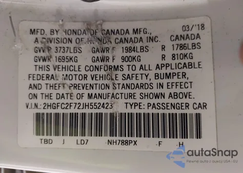 2018 Honda Civic Ex z USA, uszkodzony, nr VIN 2HGFC2F72JH552423